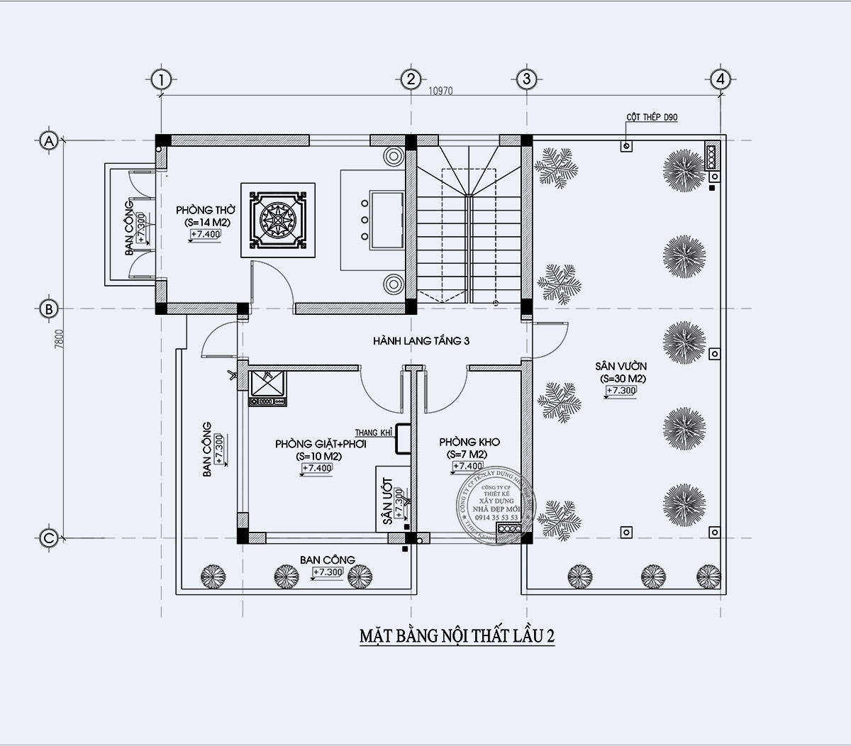 Bản vẽ bố trí nội thất ở lầu 2