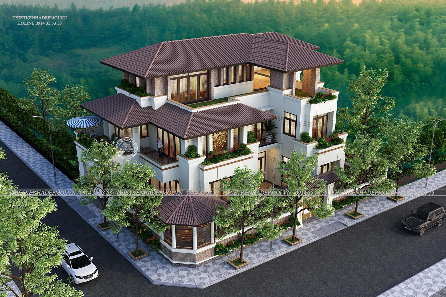 Mẫu biệt thự đẹp 3 tầng từ trên cao nhìn xuống