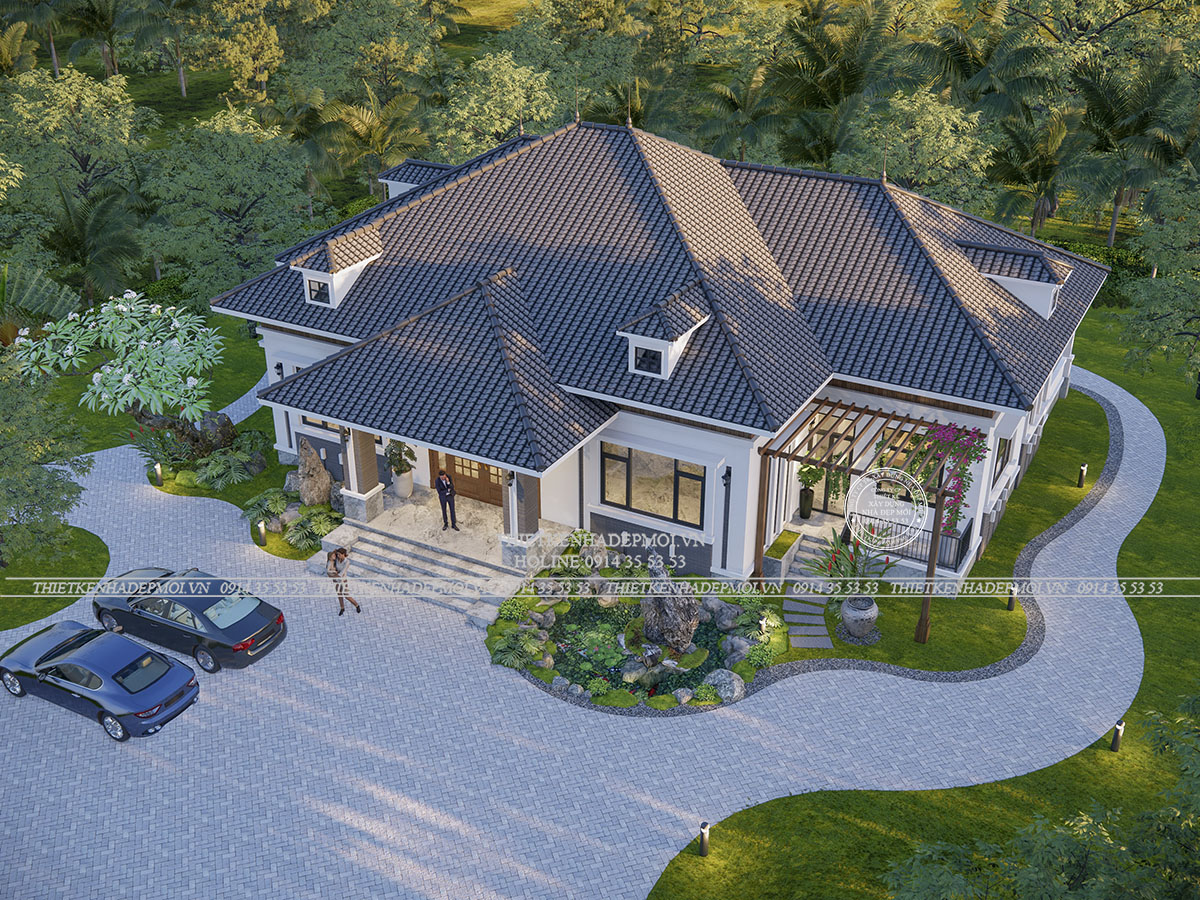 Mẫu biệt thự sân vườn 1 tầng với thiết kế vườn rộng rãi