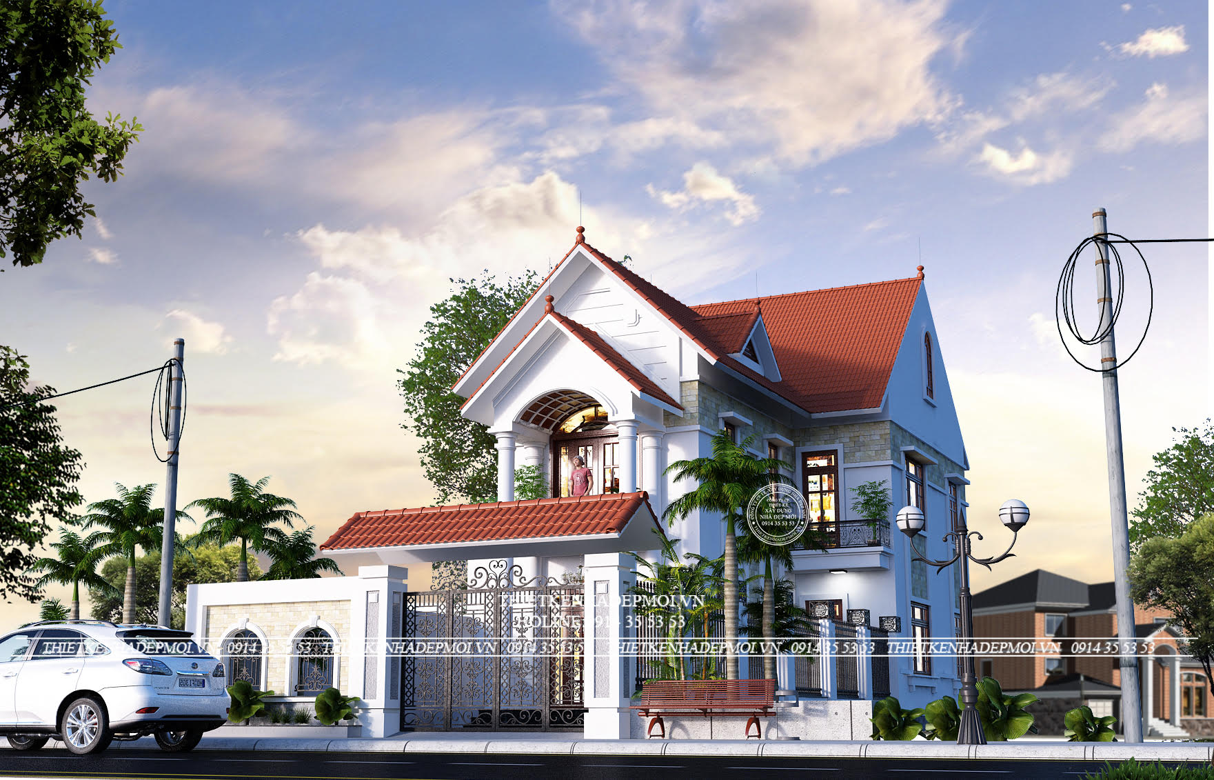 Mặt tiền mẫu nhà mái thái 2 tầng chữ L