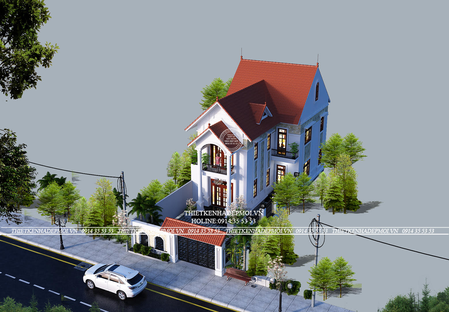 Mẫu nhà mái thái 2 tầng chữ L nhìn từ trên xuống