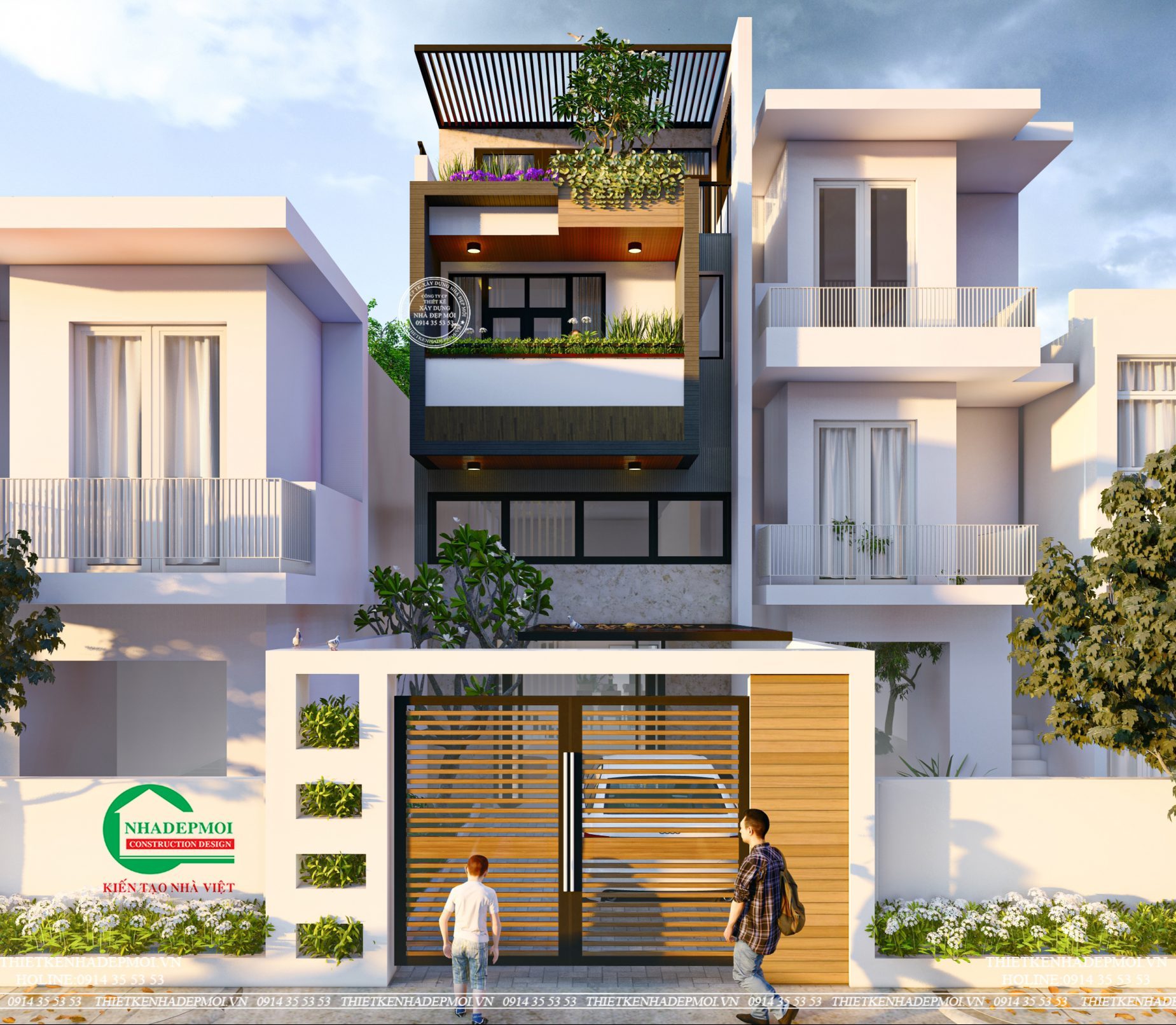Mẫu nhà phố 1 trệt 1 lửng 1 lầu sân thượng đẹp