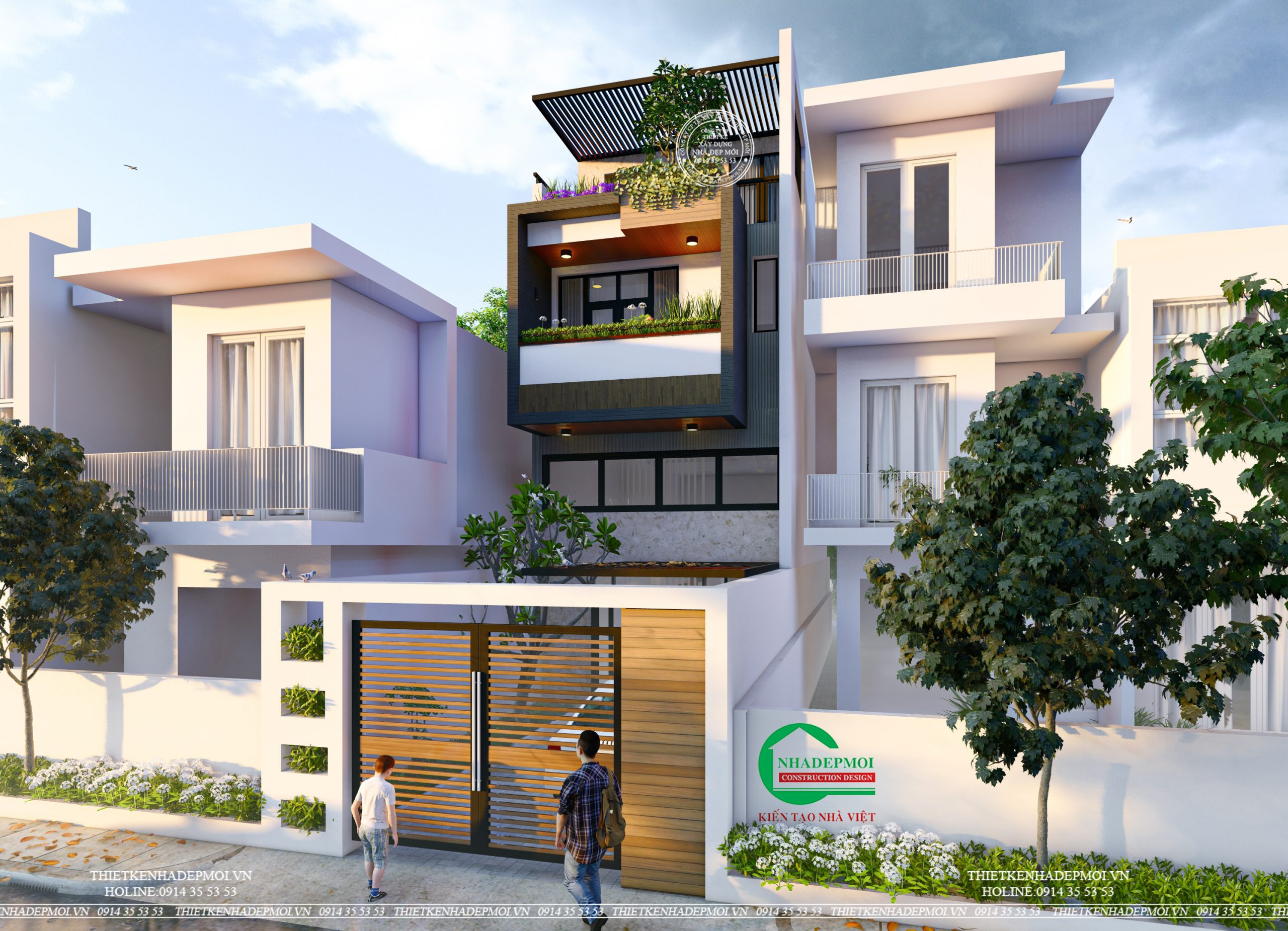 Mẫu nhà phố 1 trệt 1 lửng 1 lầu sân thượng đẹp