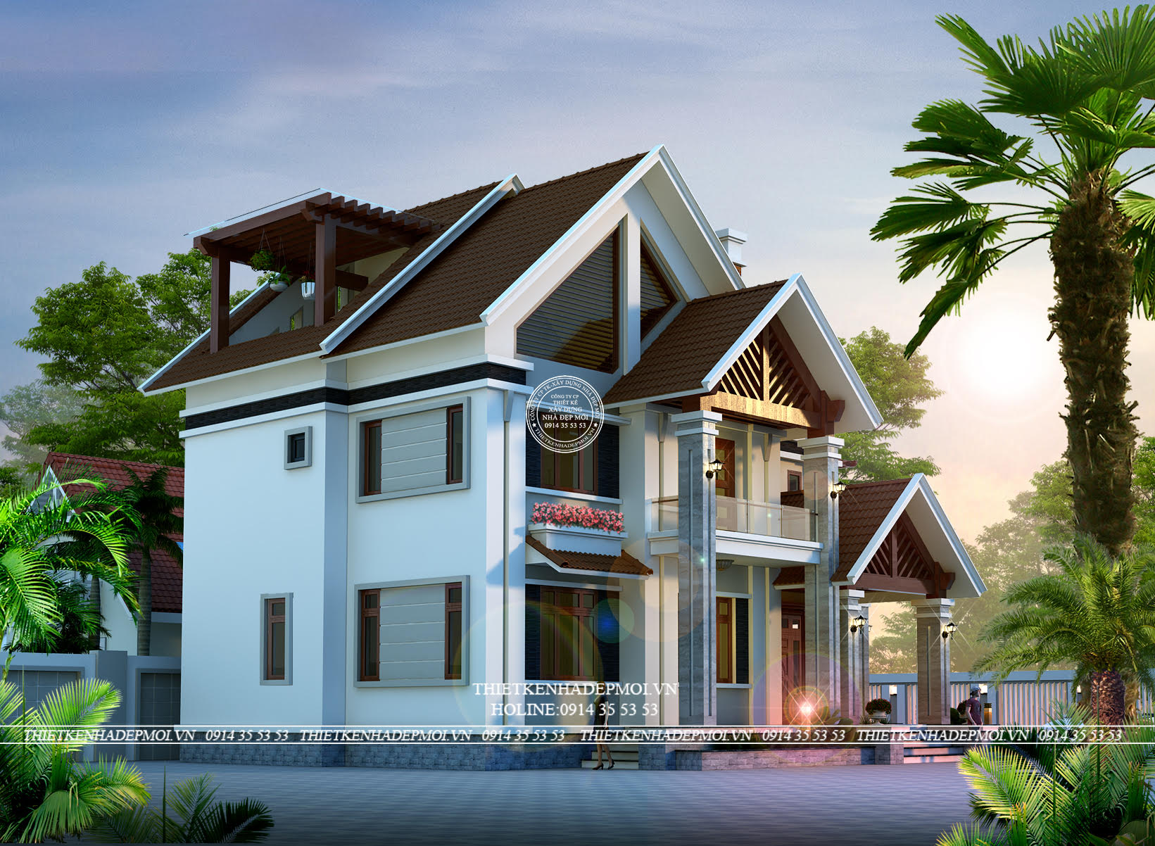 mẫu biệt thự hiện đại mái thái 2 tầng