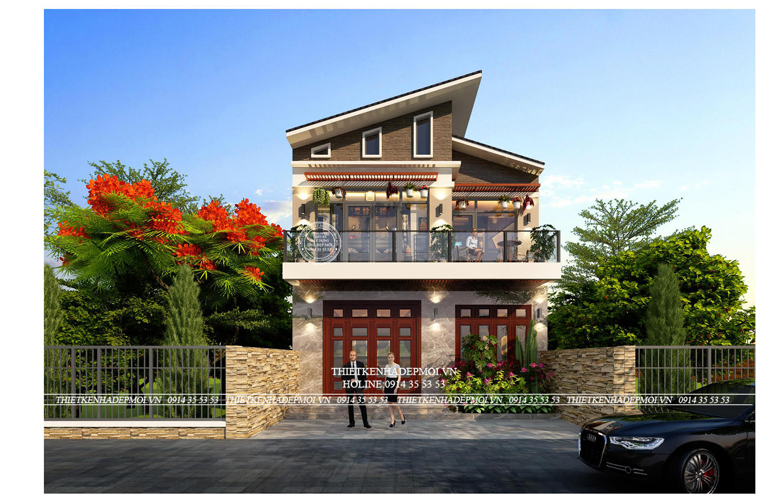 Biệt thự phố 2 tầng mái lệch