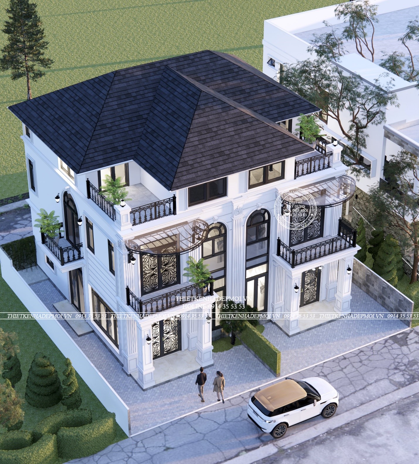 Căn biệt thự được điểm tô bởi tông màu chủ đạo là màu trắng kết hợp mái ngói màu xanh