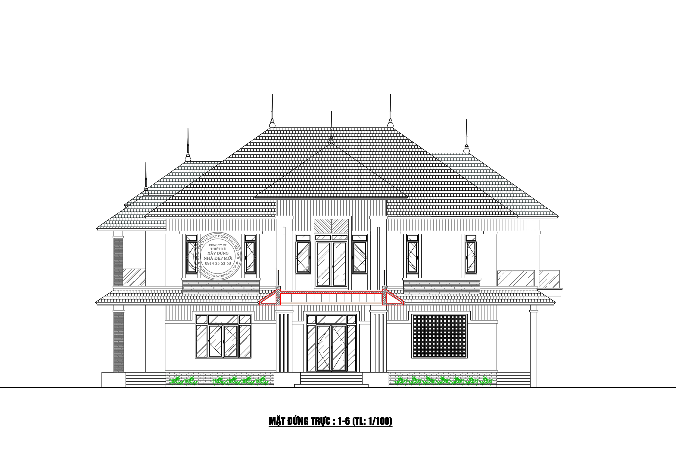 Bảng vẽ mặt đứng của mẫu biệt thự