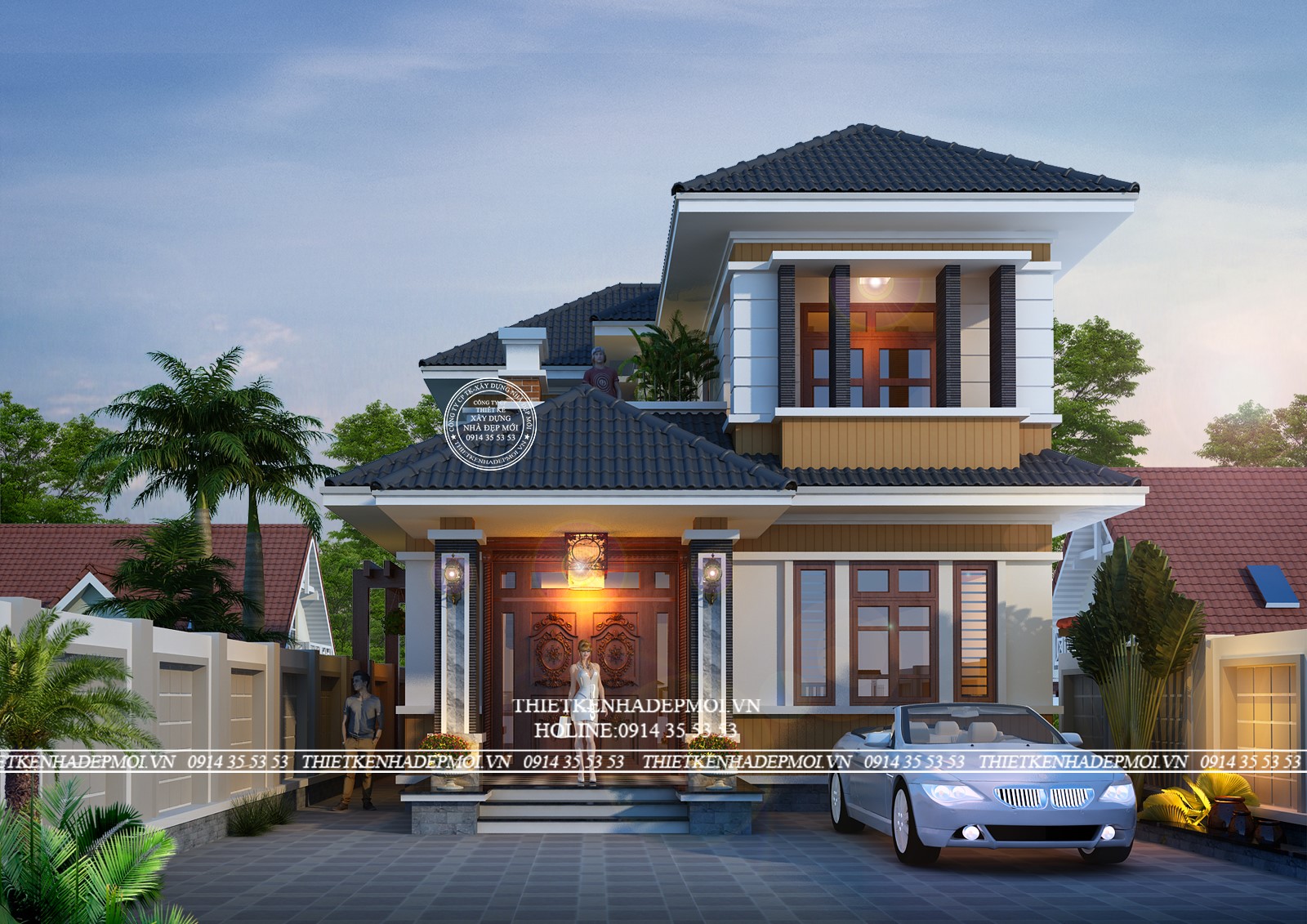 Từ cổng vào nhà sẽ băng qua một khoảng sân khá rộng, được bố trí cây xanh và tiểu cảnh