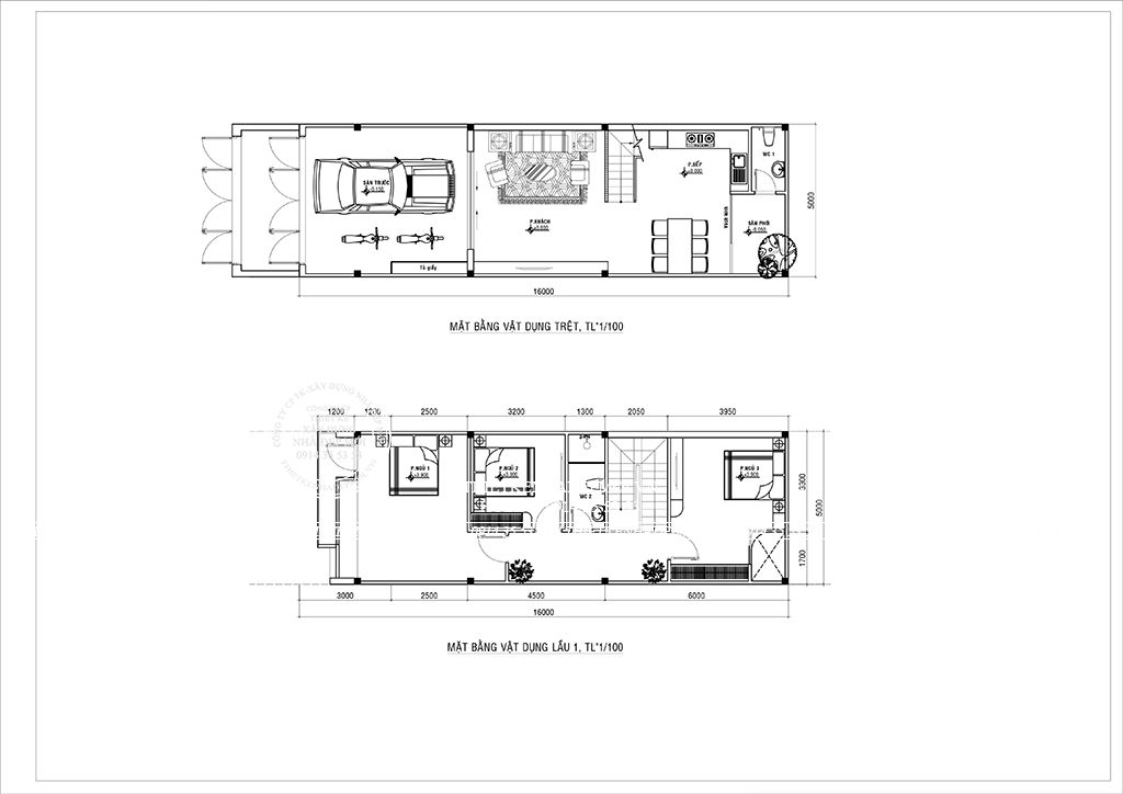 Bảng vẽ mặt bằng trệt và lầu 1 của mẫu nhà phố hiện đại 3 tầng