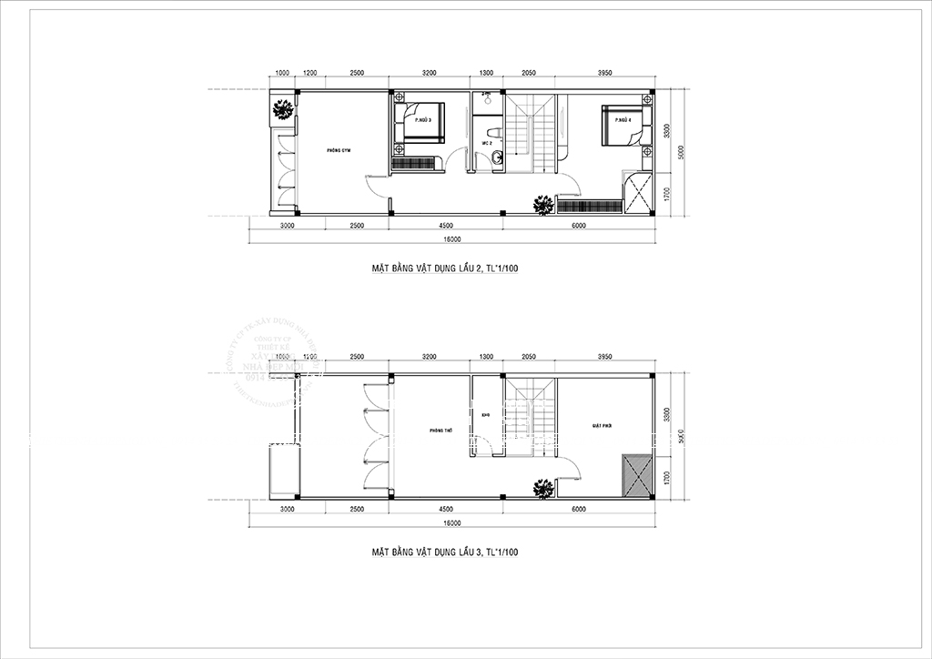 Bảng vẽ mặt bằng mẫu nhà phố hiện đại 3 tầng lầu 2 và lầu 3