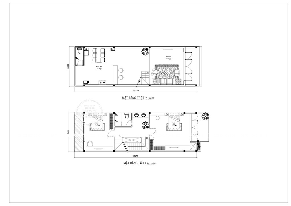 Bảng vẽ mặt bằng trệt và lầu 1