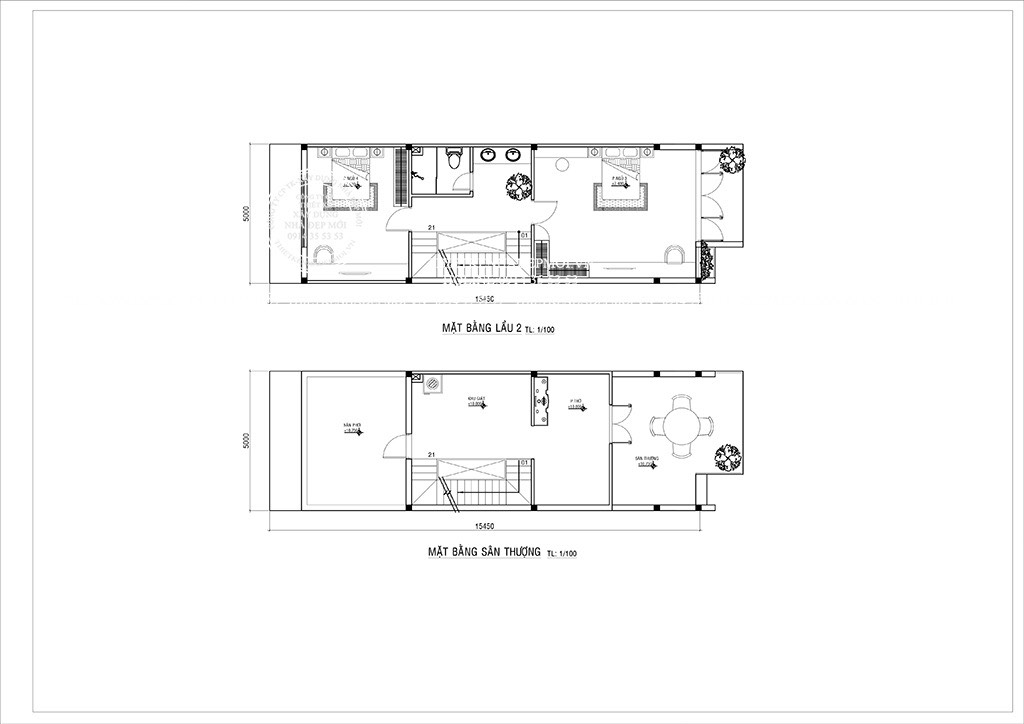 Bảng vẽ mặt bằng lầu 2 và sân thượng