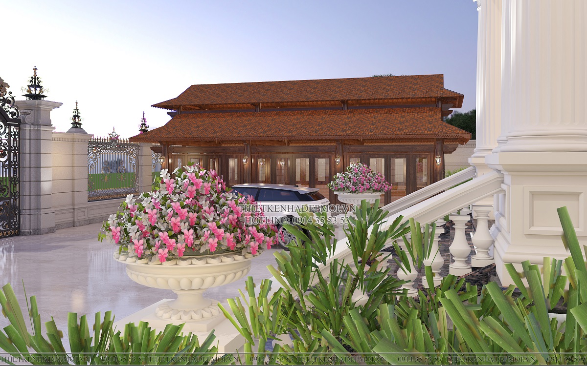 Phối cảnh của mẫu biệt thự cổ điển được bố trí thêm nhiều cây cảnh sinh động&nbsp;