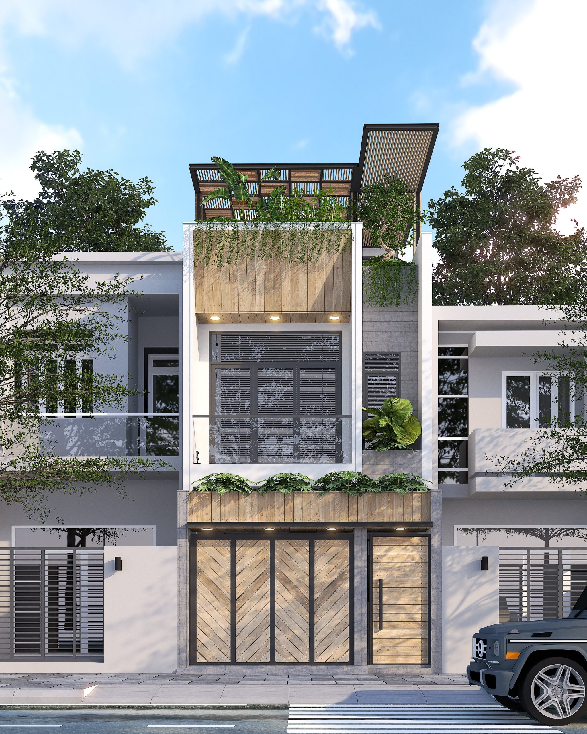 nhà phố hiện đại 1 trệt, 1 lầu, sân thượng