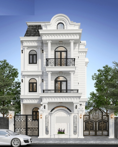 Mẫu nhà phố 3 tầng tân cổ điển nổi bật với gam màu trắng