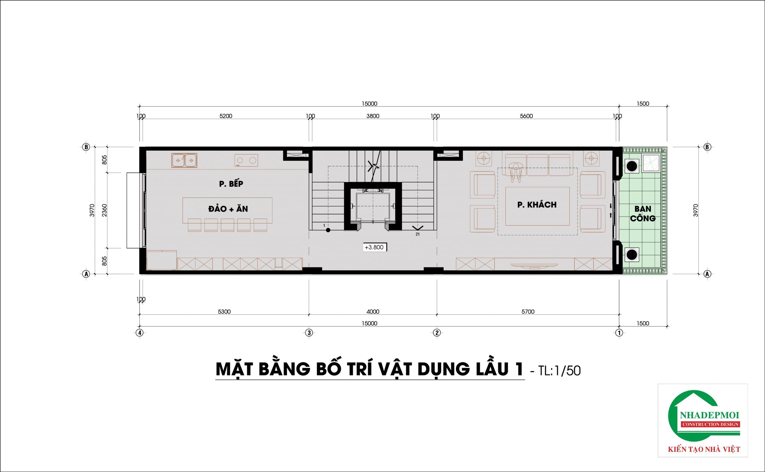 mặt bằng lầu 1 nhà phố tân cổ điển