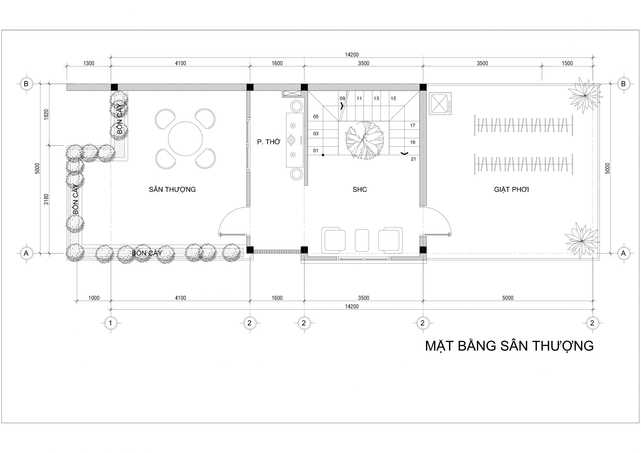 mặt bằng sân thượng mẫu nhà phố hiện đại 2 tầng