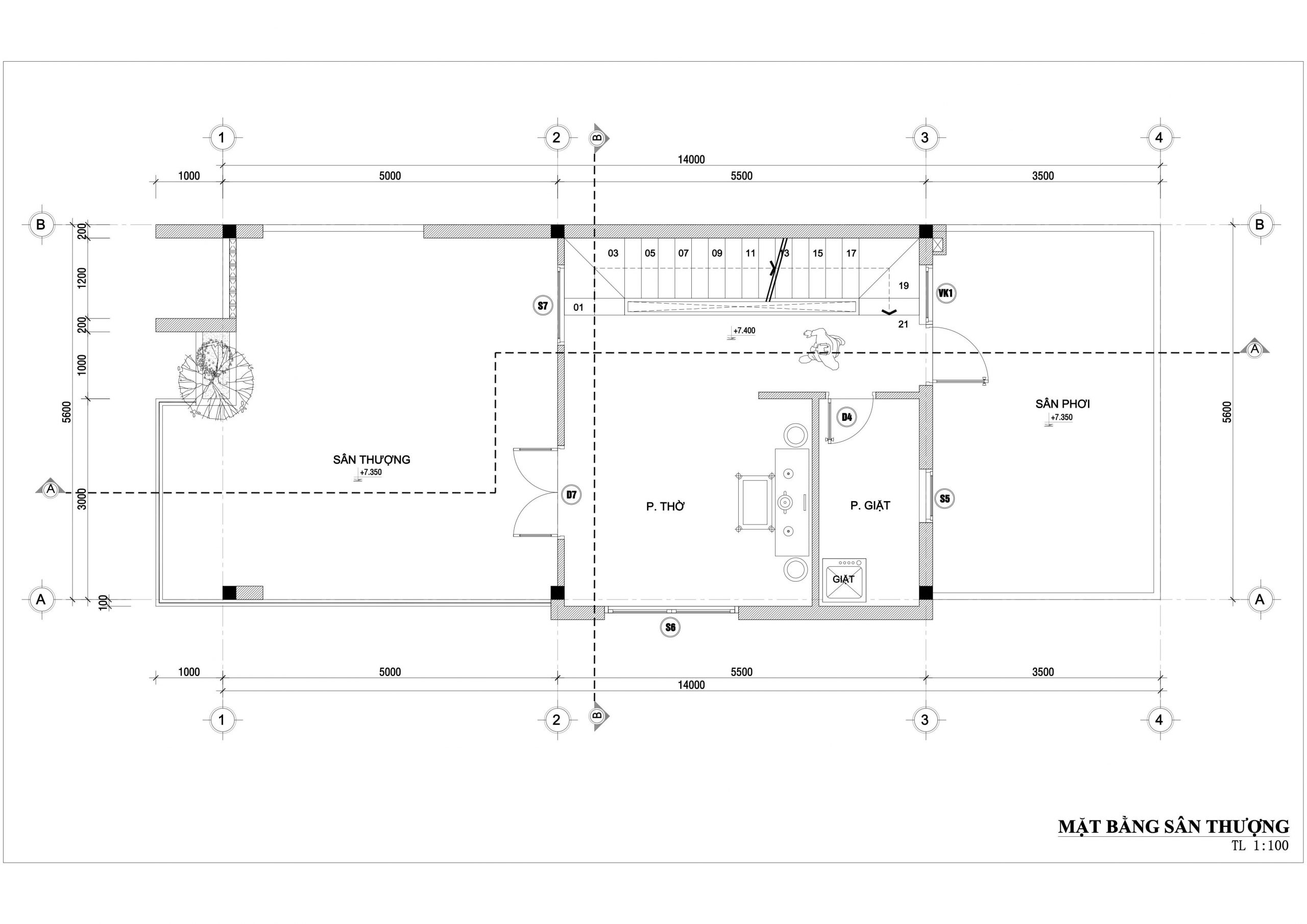 mặt bằng sân thượng mẫu nhà phố hiện đại 1 trệt 1 lầu sân thượng