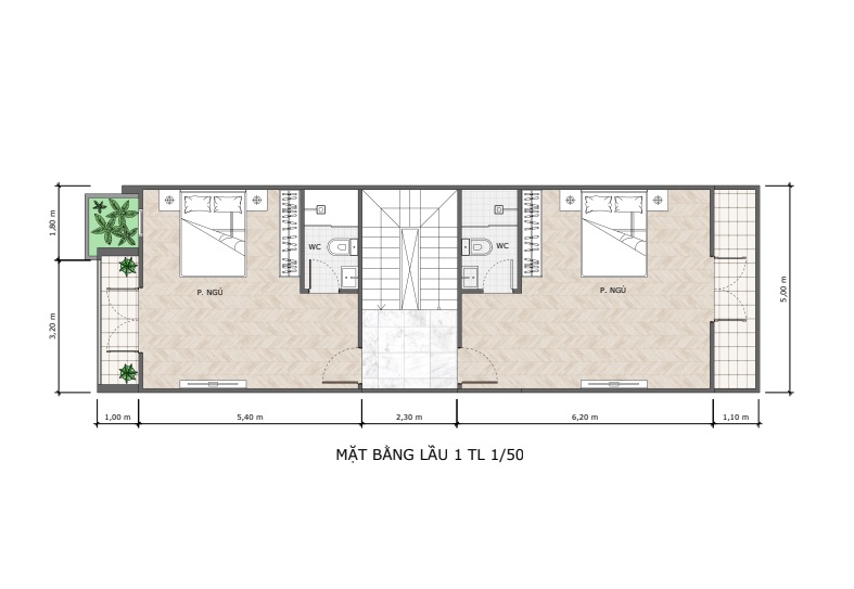 Mẫu nhà phố 1 trệt 1 lầu sân thượng 