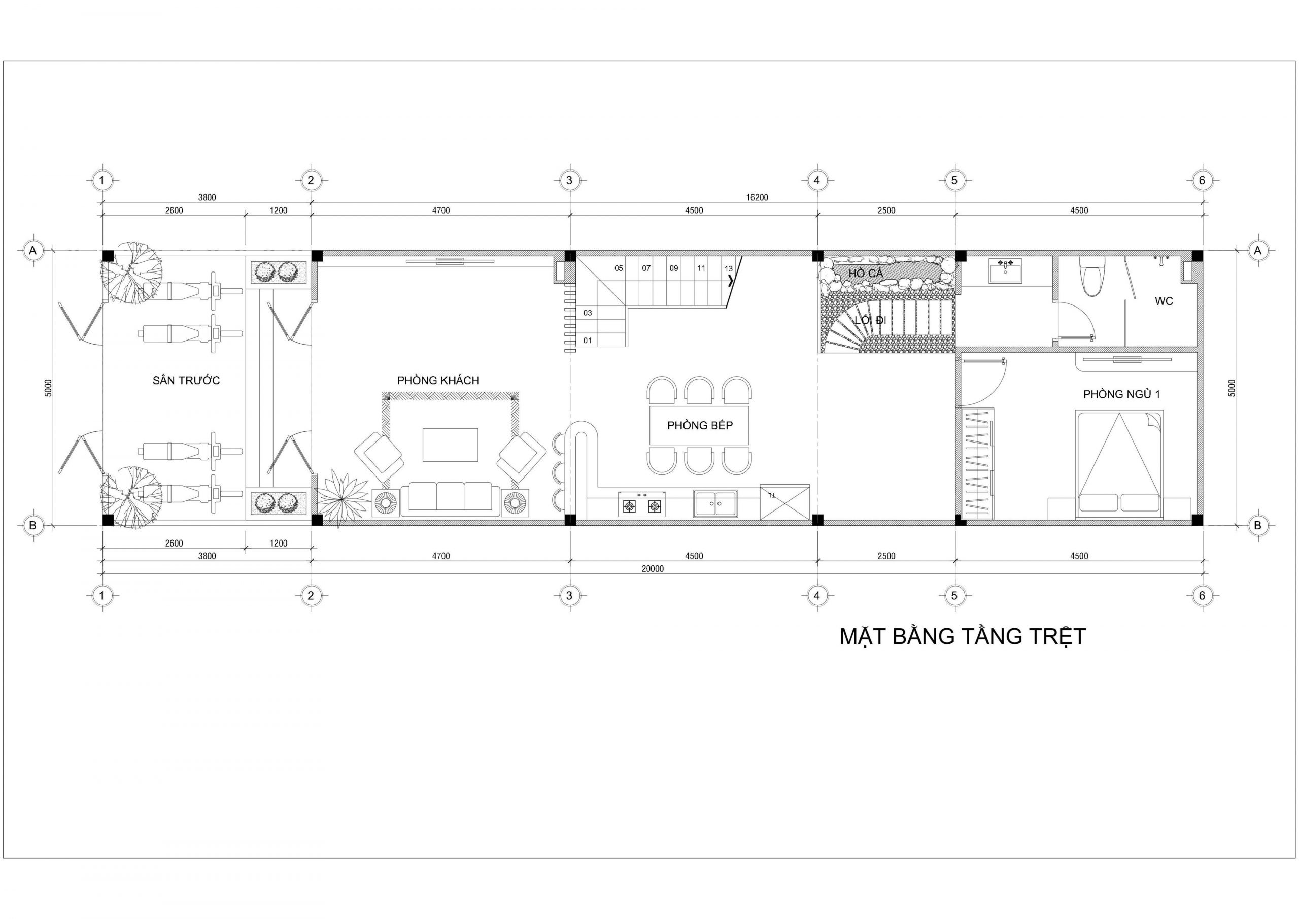 mặt bằng tầng trệt Mẫu nhà phố 3 tầng