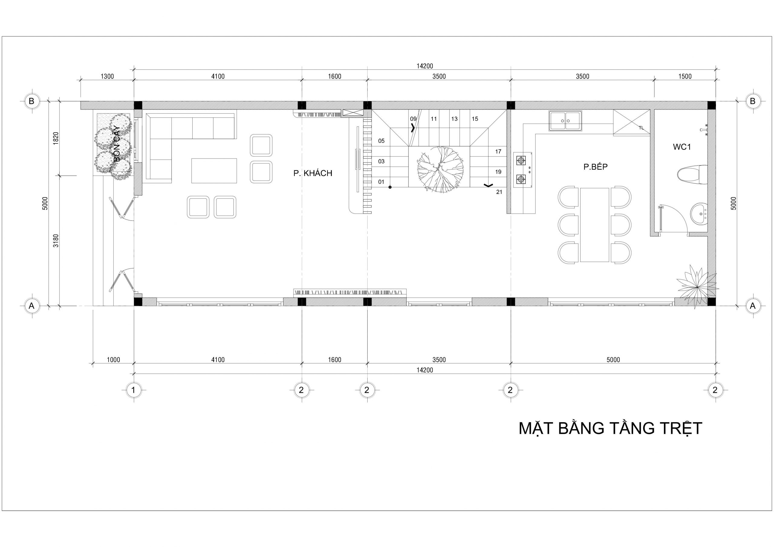 mặt bằng tầng trệt mẫu nhà phố 2 tầng sân thượng