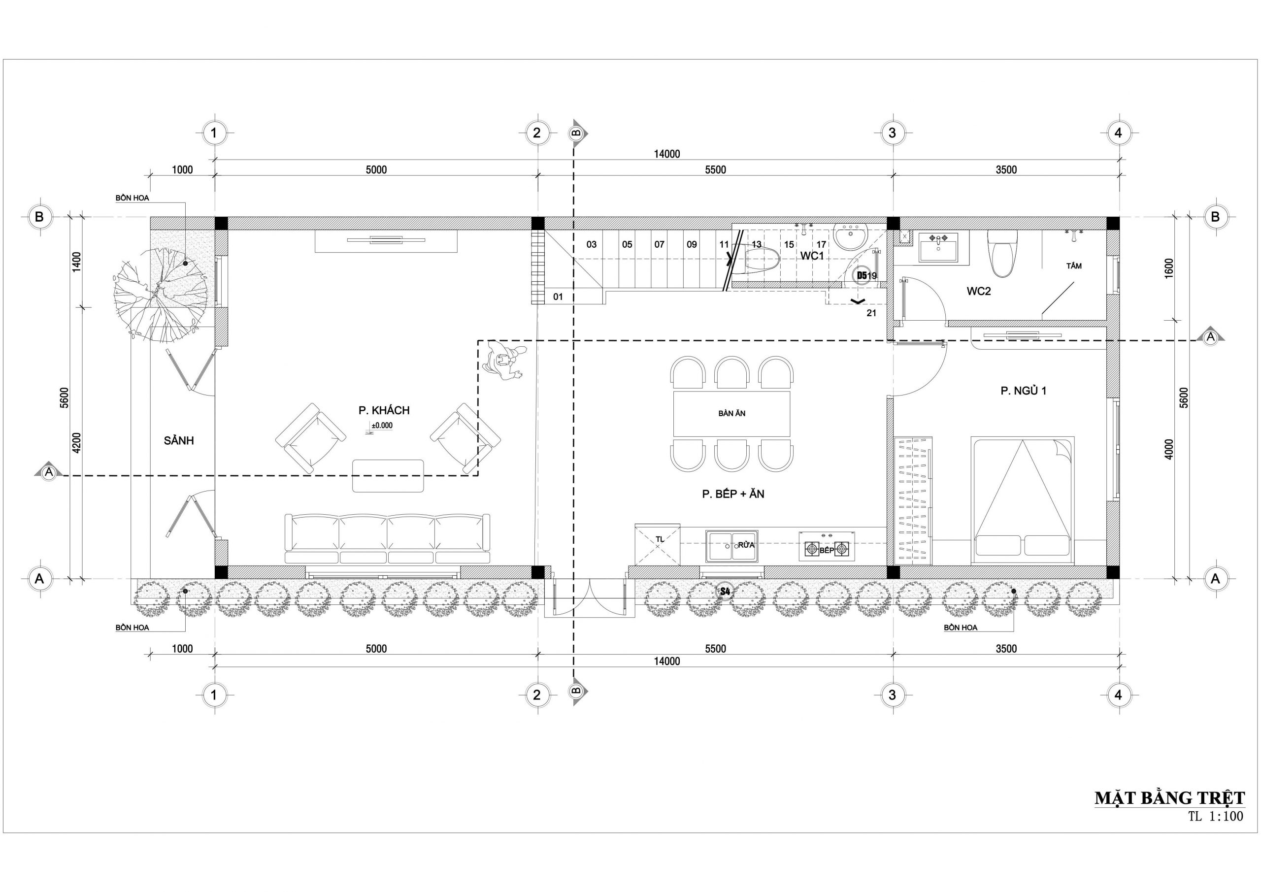 mặt bằng trệt mẫu nhà phố 3 tầng đẹp