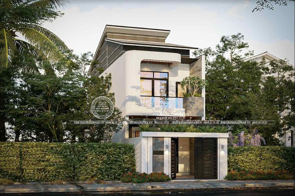 mẫu nhà phố 1 trệt 1 lầu hiện đại mái lệch