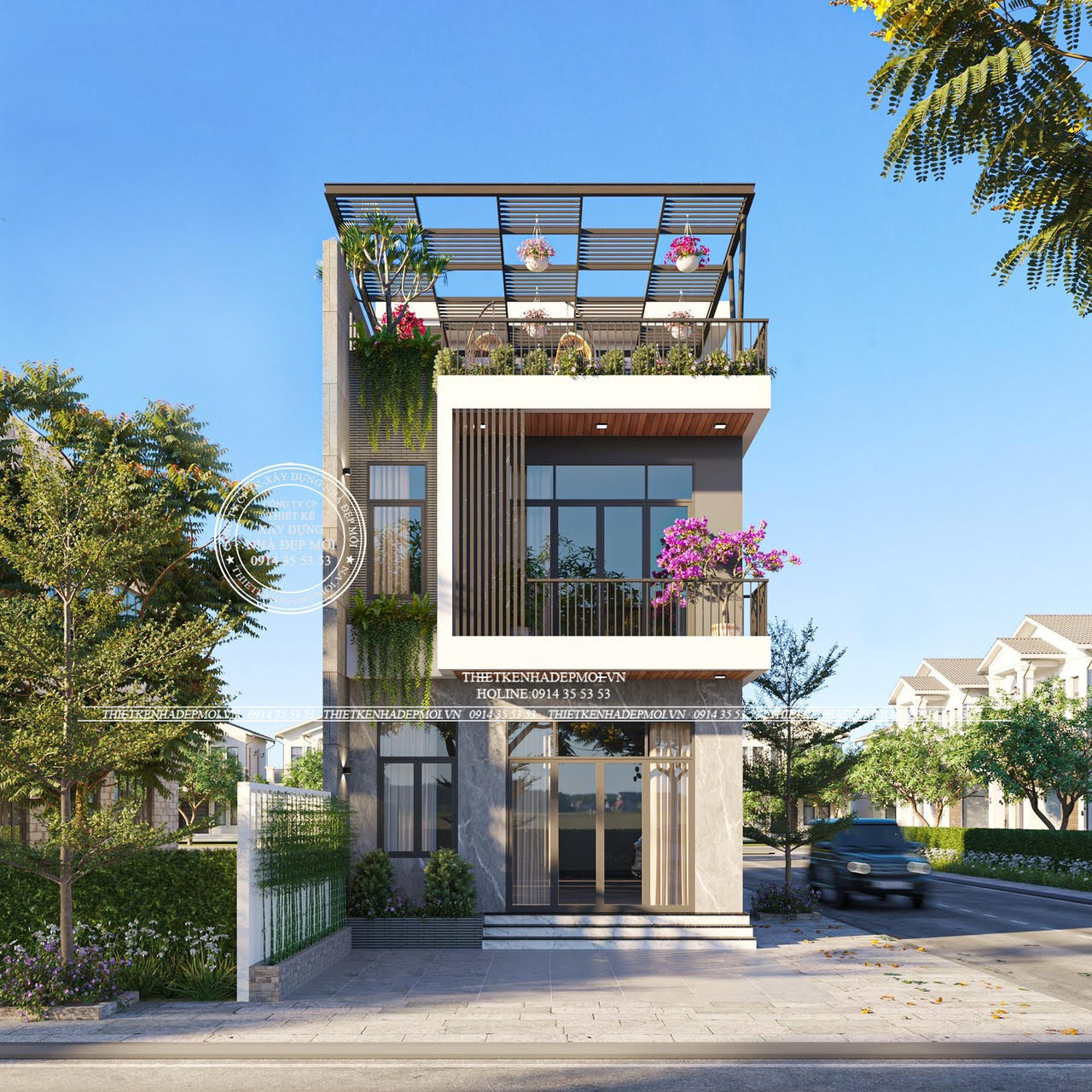 mẫu nhà phố 1 trệt 1 lầu sân thượng