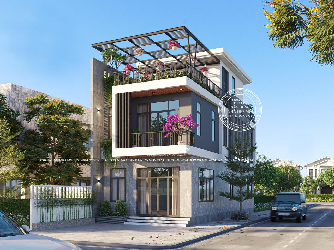 mẫu nhà phố 1 trệt 1 lầu sân thượng