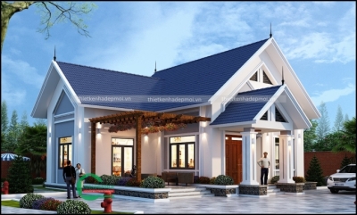 Bản vẽ nhà trệt 2 mặt tiền mái thái đẹp sân vườn anh hùng - msnt2mt2020