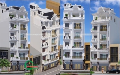 Mẫu nhà phố mặt tiền kiến trúc pháp 1 trệt 4 lầu sân thượng