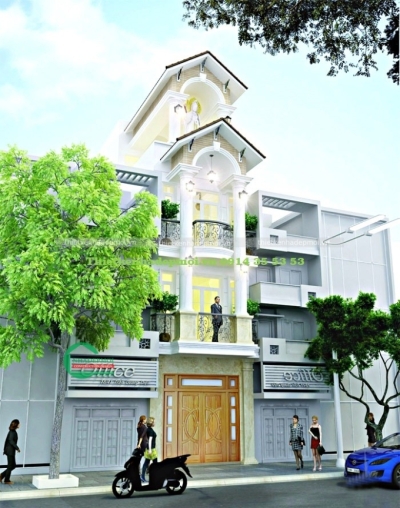 Mẫu thiết kế nhà phố tân cổ điển mặt tiền 5m 1 trệt, 2 lầu, sân thượng.