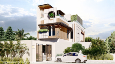 Thiết kế nhà phố hiện đại 1 trệt, 1 lầu, tum và sân thượng độc đáo